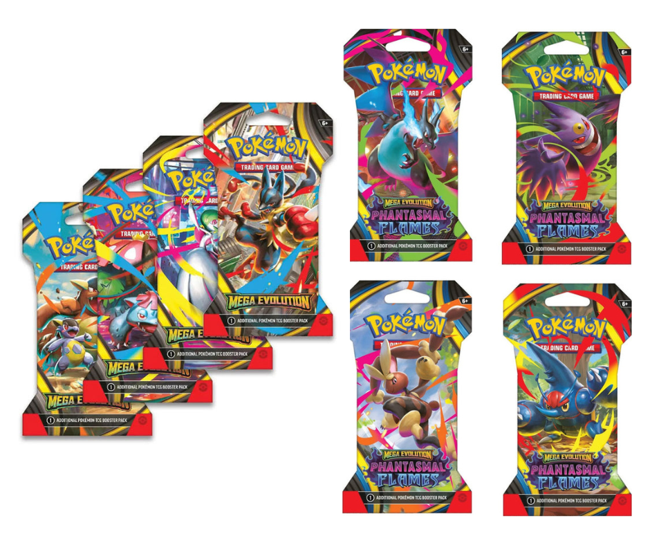 Mega Evolutions(ME01) & Phantasmal Flames(ME02) Sleeved Booster Art Bundle - (8 Packs)